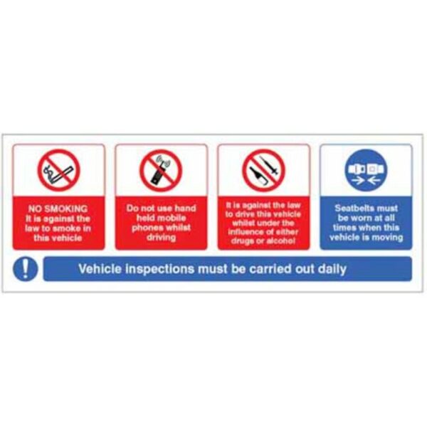 Vehicle sticker - no smoking, mobile phone, drink/drugs - wear seatbelt