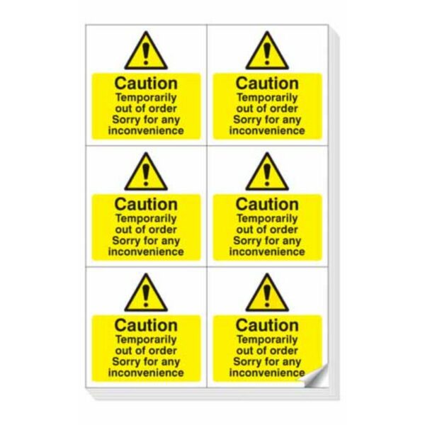 Caution temporarily out of order easy peel labels sheet of 6