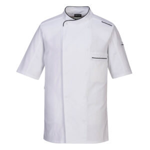 This chefs jacket uses a lightweight fabric and offers a modern